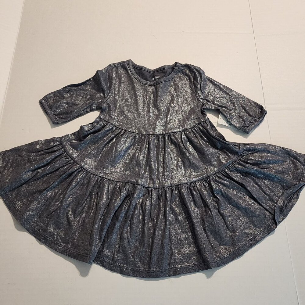 Old Navy Metallic Silver Baby Girls Dress 12-18M 100% Cotton Tiered Design